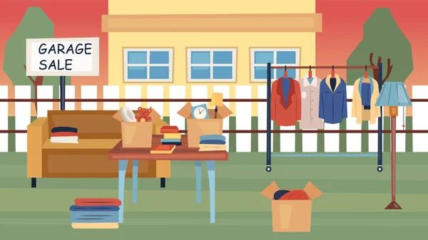 Conceito de venda de garagem. Oferecido para venda Usado coisas na rua perto da casa. Jóias usadas, roupas elegantes, objetos decorativos e outros itens de uso doméstico. Desenhos animados em estilo plano. Ilustração vetorial —  Vetores de Stock