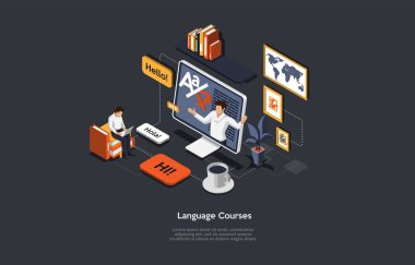 Isometric Online Dil Kursları Konsepti, Uzaklık İnternet Eğitimi. İnsanlar bilgisayar ekranında öğretmenle çevrimiçi olarak farklı yabancı diller öğreniyor. Çizgi film 3d Vektör İllüstrasyonu