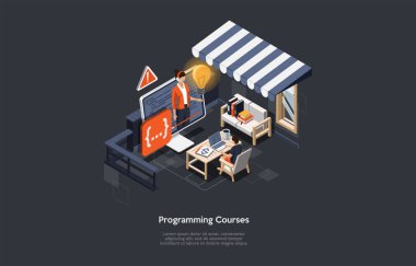 Çevrimiçi programlama kursları kavramı. Adamın uzaktan kumandalı bir programı var. Dizüstü bilgisayar ve öğretmenle çevrimiçi karakter çalışması. Lisanslı Eğitim Üniversitesi Kursları. 3d Vektör İllüstrasyonu