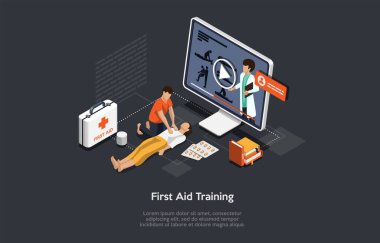 Öğretmenle Çevrimiçi Eğitim Kursu 'nun Isometric kavramı. Öğrenci, yaralanma ya da sağlık sorunları durumunda acil ilk yardım uygulamasını öğrenir. Çizgi film Vektör İllüstrasyonu
