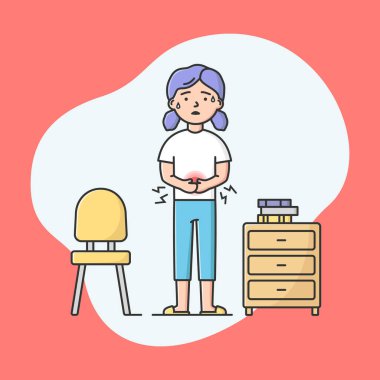 Sağlık ve ilaç kavramı, acı dolu bir adet dönemi. Genç Kadın Akut Mide Ache Hissediyor. Kız ayakta duruyor, karnını tutuyor ve kötü hissediyor. Çizgi film Çizgi Dış Hatlar Biçimi. Vektör İllüstrasyonu