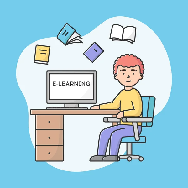 Concept Of E learning And Self Education. Young Man Educating Online. Male Character Has An Online Remote Course Sitting At Desk With Computer. Cartoon Linear Outline Flat Style. Vector Illustration — Stock Vector