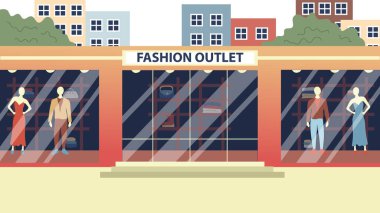 Alışveriş ve Moda kavramı. Modern Moda Mağazası Dış Tasarımı Büyük Cam Vitrinli Mankenler, Erkekler ve Kadınlar İçin Marka Kıyafetler ve Aksesuarlar. Çizgi film Düz Biçim Vektör İllüstrasyonu