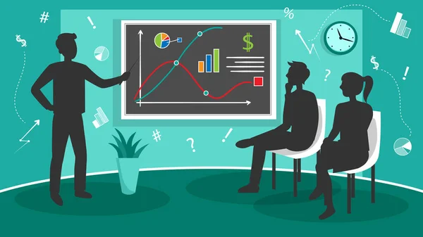 Begreppet företagspresentation, Teamwork och analys. Svarta silhuetter av människor lyssnar på Team Leader. Analys Diagram, Pie Chart, Linjediagram På Skärmen styrelse. Tecknad platta vektor Illustration — Stock vektor