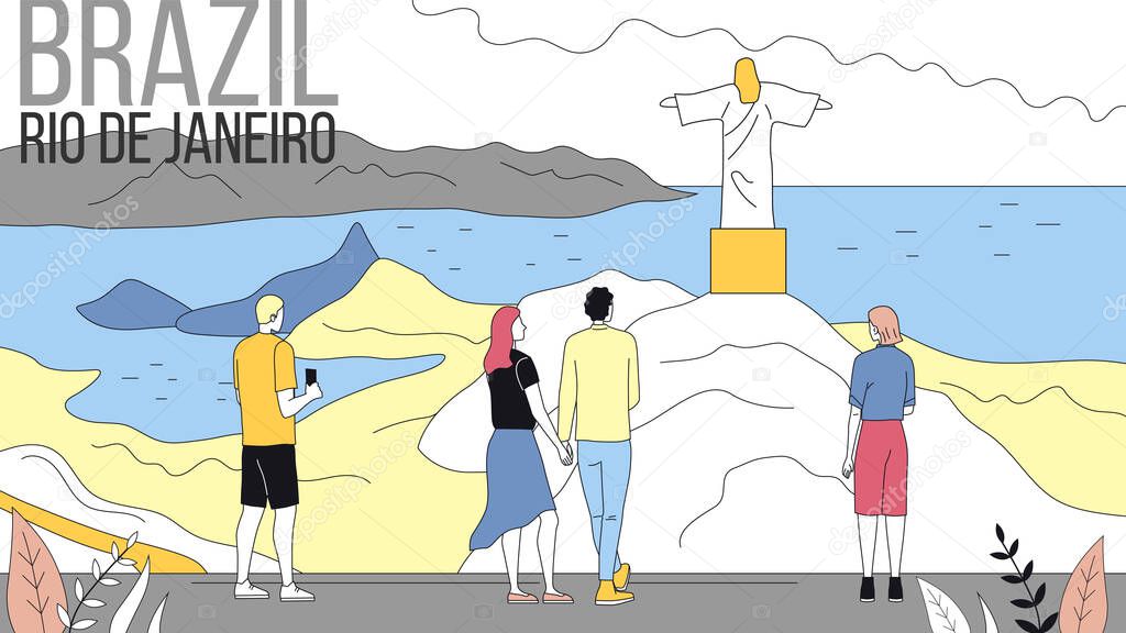 Concept Of Travelling To South America, Brazil. People Travel To Rio De Janeiro, Enjoying Views, Take Pictures, Visit Famous Places, Have Good Time. Cartoon Linear Outline Flat Vector Illustration