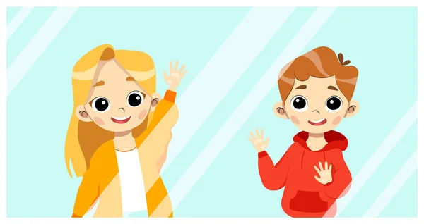 Concept Of Preschool Age Kids Or Teens Friendship And Development. Smiling School Children Boy and Girl Standing Together And Waving Behind Glass Showcase. Cartoon Flat Style. Vector Illustration — Stock Vector