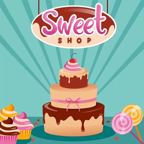 Concepto de Celebración de Cumpleaños, Planificación de Fiestas Infantiles. Tienda de confitería Anuncio. Dulce Composición de la tienda con escaparate con pastel de chocolate, dulces y magdalenas. Dibujos animados plana Vector Ilustración — Vector de stock