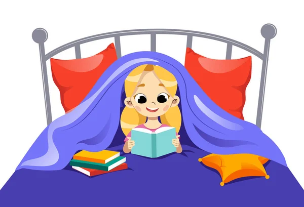 Konzept der Kreativität, Selbstbildung und Entwicklung von Kindern. Jung mädchen teen reading buch liegend auf die bett. Mädchen lesen Buch, das unter der Decke hervorlugt Cartoon Flat Vector Illustration — Stockvektor