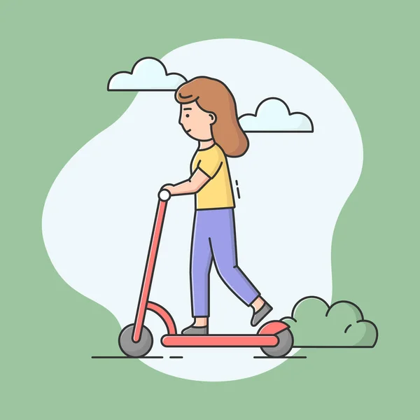Concept Of Ecological Mode Of Transport, Sport, Healthy Lifestyle. Girl Ride In The Park. Young Woman Rides Scooter. Woman Use Eco Transport To Get To Work Or Shop. Cartoon Flat Vector Illustration — Stock Vector