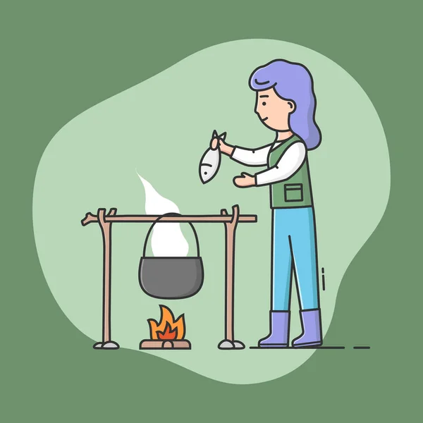 Camping Pot Over Bonfire, Cooking Delicious Fish Soup Outdoor Concept. Cheerful Woman Cook Fish Soup In Pot On Bonfire. Girl Cook Healthy Meal. Cartoon Linear Outline Flat Style Vector Illustration — Stock Vector