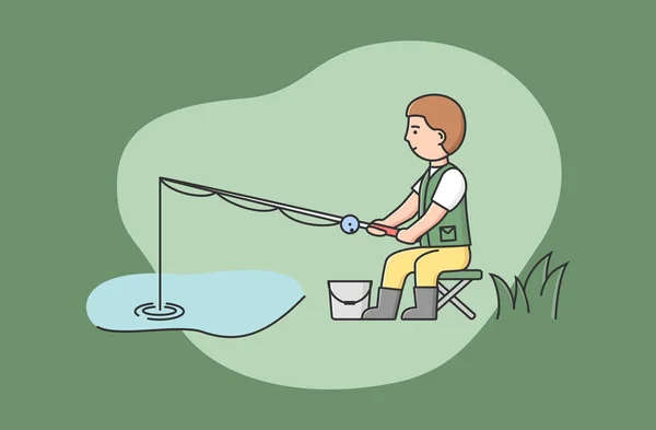 Concept Of Fishing With Spinning And Rest. Happy Fisherman Fishing With Spinning From Shore On Lake Or River. Boy Is Relaxing Alone Outdoor. Cartoon Linear Outline Flat Style. Vector Illustration — Stock Vector