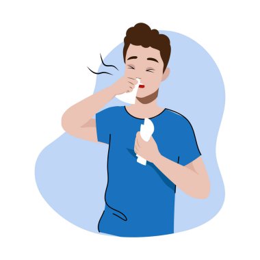 Coronavirüs, grip virüsü enfeksiyon önleme ve sağlık hizmetleri kavramı. Adam hapşırıyor. Grip belirtileri gösteren bir karakter var. Peçete üstüne peçete örten çocuk. Çizgi film Düz Vektör İllüstrasyonu