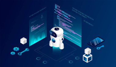 Isometric 3D Robotik Kursları Konsepti. Program kodları ve Infographic arasındaki modern robot. Eğitim Projesinin Kontrol Olasılığı, Programlanması ve Deneyi. Çizgi film Vektör İllüstrasyonu