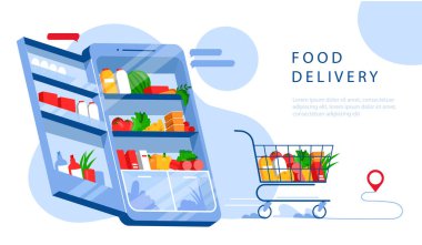 Yemek Çevrimiçi Teslimat Konsepti. Web sitesi İniş Sayfası. Cep telefonu metaforu içinde yiyecek ve etiketi olan market arabası olan buzdolabı gibi görünüyor. Web Sayfası Düz Vektör İllüstrasyonu