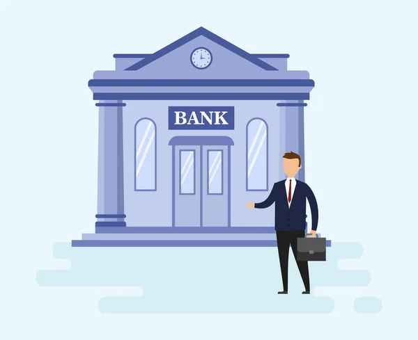 House Mortgage Loan And Money Investments Types Concept. Self Confident Young Businessman Is Standing Before Bank Building. Metaphor Of Successful Investment. Cartoon Flat Style. Vector Illustration — Stock Vector