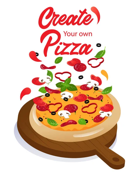 Anuncio de sabrosa pizza de queso con ingredientes en soporte de alimentos de madera. Posibilidad de hacer pizza con ingredientes propios y pedidos y entrega de pizza en línea. Dibujos animados plana Vector Ilustración — Vector de stock
