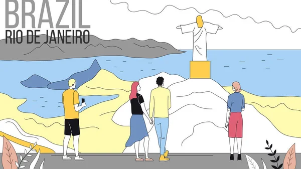 Koncepcja podróży do Ameryki Południowej, Brazylia. Ludzie podróżują do Rio de Janeiro, ciesząc się widokami, robić zdjęcia, odwiedzić słynne miejsca, baw się dobrze. Cartoon liniowy zarys płaski wektor ilustracji — Wektor stockowy