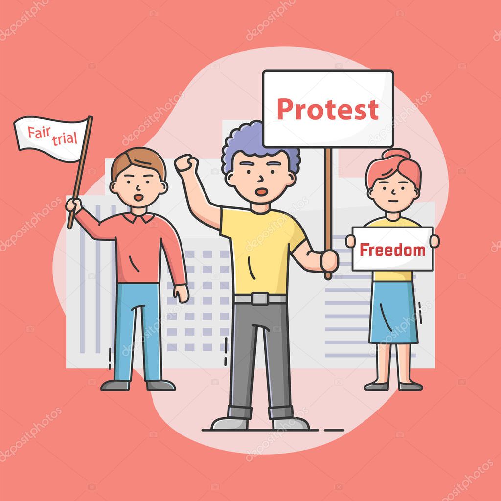 Mass Protest Action Concept. Dissatisfied People Complaining And Taking Part In Strike. Characters Hold Protest Banners With Protest And Freedom Sign. Cartoon Linear Outline Flat Vector Illustration