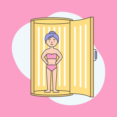 Sağlık ve Güzellik kavramı. Mayo giymiş genç bir kadın spa salonundaki solaryumda bronzlaşıyor. Kız güzellik salonunu ziyaret ediyor ve spa işlemleri yapıyor. Çizgi film Çizgi Çizgisi Düz Vektör İllüstrasyonu