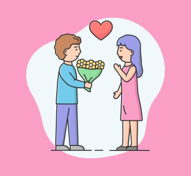 Romantik İlişkiler kavramı. Erkek, kadına çiçek veriyor. Heyecanlı Kız Oğlan 'a Bakıyor. Birbirine aşık çiftler romantik bir randevu yaşar. Çizgi film Düz Dış Hatlar Biçimi. Vektör İllüstrasyonu