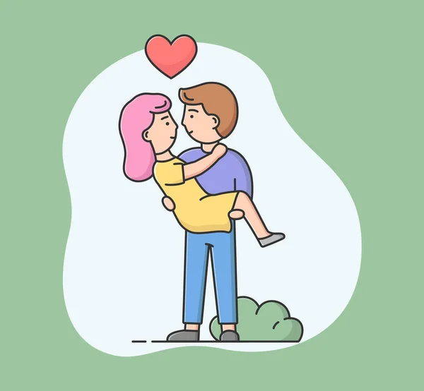 Concept Of Romantic Relationships. Man Is Holding Woman In Arms. Excited Girl Is Looking At Boy. Couple in love Have Romantic Date Together. Cartoon Linear Outline Flat Style. Vector Illustration — Stock Vector