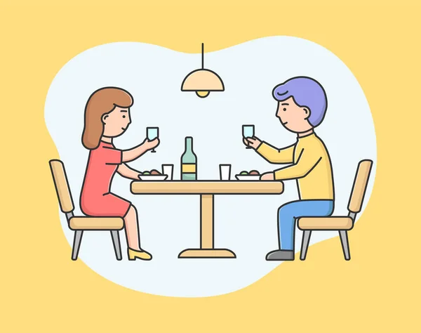 Concepto de relaciones románticas. Man Woman Have Romantic Dinner. Gente comiendo en el restaurante. Pareja enamorada tienen una cita romántica juntos. Dibujos animados Esquema lineal Ilustración de vectores planos — Vector de stock