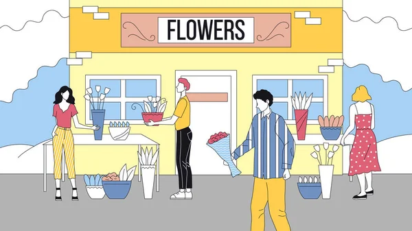 Çiçekçi dükkânı kavramı. Erkek karakterler çiçekçiden kız arkadaşları ya da eşleri için bir buket güzel çiçek alırlar. Kadınlar en iyisini seçmeye yardım eder. Çizgi film Çizgi Çizgisi Düz Vektör İllüstrasyonu — Stok Vektör