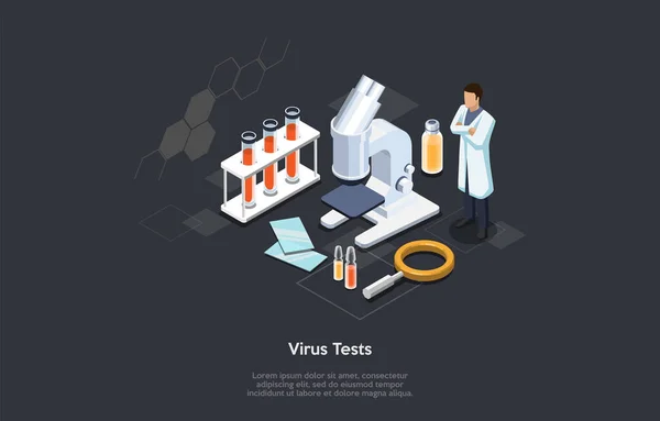 ウイルスや血液検査の等価3D概念.研究室を作る科学者ワクチンを作るためのウイルスの研究とテスト.専門機器を用いた科学実験。漫画ベクターイラスト — ストックベクタ