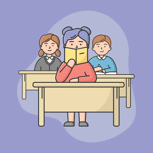 Concept Of High School Education. Students Teens Sitting On Lecture In Classroom. Pupils Boys And Girls Sitting At Desks And Listening Teacher. Cartoon Linear Outline Flat Style. Vector Illustration — Stock Vector