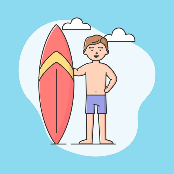 Concept de cours de sports nautiques extrêmes. Cool Surfer Stadning In Swimming Trunks and Holding Big Surfboard. Loisirs Plage Sports nautiques. Dessin animé contour linéaire Style plat. Illustration vectorielle — Image vectorielle