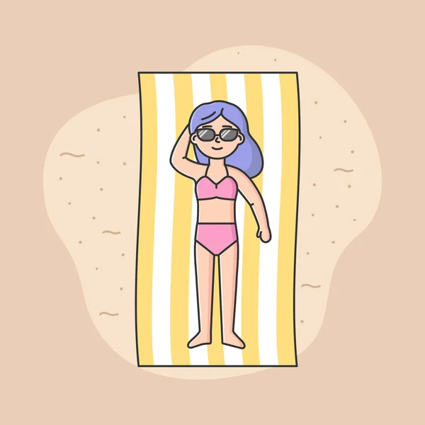 Conceito de férias de verão e beleza. Mulher legal em óculos de sol e roupa de banho é tomar sol na costa do oceano deitado em toalha de praia. Desenhos animados Linear Outline Flat Style. Ilustração vetorial — Vetor de Stock