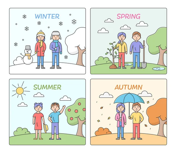 Konzept der Jahreszeiten. Menschen Freizeit und Kleidung nach Zeit des Jahres. Sommer, Herbst, Winter und Frühling mit männlichen und weiblichen Charakteren. Cartoon Linear Outline Flat Vector Illustrations Set — Stockvektor