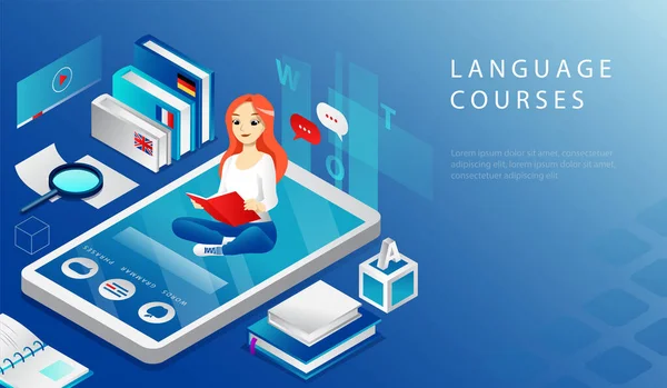 Conceito 3D Isométrico de Cursos de Linguagem de Educação Remota Online. Página de desembarque do site. Jovem menina alegre está sentado em grande Smartphone e leitura de livro didático. Página Web Desenhos animados Vector Ilustração — Vetor de Stock