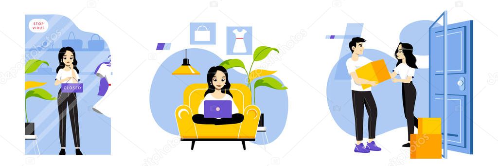Concept Of Online Shopping. Young Girl Doing Online Shopping From Home. Woman Order On The Internet Goods Sitting On Sofa. Online Purchases From Home. Cartoon Linear Outline Flat Vector Illustration