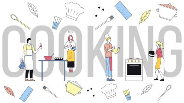 Yemek pişirme kavramı. Bir grup insan yemek pişiriyor. Üniformalı profesyonel şefler pizza için hamur yoğurur, yumurta çırpar, içindekileri tabağa hazırlar. Çizgi film Çizgi Çizgisi Düz Vektör İllüstrasyonu