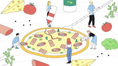 Pizza Pişirme Konsepti. Minik Karakterler, pizzayı elinde tutan, getiren ve üzerine koyan devasa pizzaları süslüyor. İnternetten Lezzetli Taze Pizza Siparişi. Çizgi film Düz Vektör İllüstrasyonu