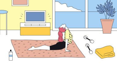 Fitness, Yoga kursları ve sağlıklı yaşam tarzı konsepti. Fiziksel ve Ruhsal Uygulama. Kadın Fitness ve Yoga yapıyor. Yoga minderinde dambıllarla egzersiz yapan bir kız. Çizgi film Düz Vektör İllüstrasyonu