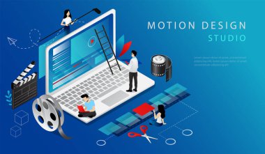 Video Düzenlemesinin Isometric kavramı. Web sitesi İniş Sayfası. Profesyonel Yaratıcı İşçiler ve Kadınlar, bilgisayar programı veya uygulaması ile düzenlemektense bir video çeker. Web Sayfası 3d Vektör İllüstrasyonu