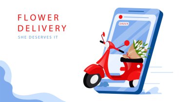 Çiçekler Çevrimiçi Sipariş ve Teslim Konsepti. Web sitesi İniş Sayfası. Modern Scooter ya da akıllı telefon ekranında çiçek buketi olan motosiklet. Web Sayfası Çizgi Filmi Çizgisel Düz Vektör İllüstrasyonu