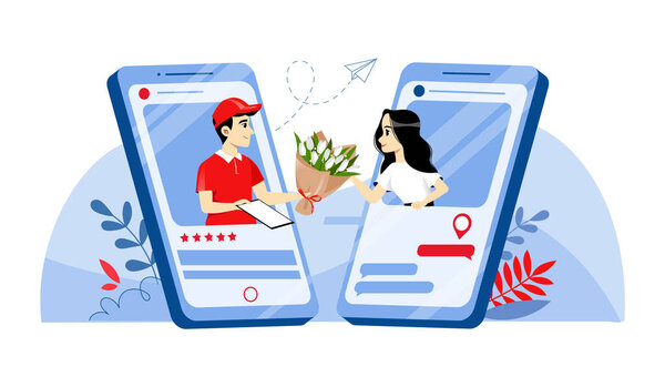 Concept Of Flowers Online Order And Delivery. Cheerful Man Courier Hand Over Bouquet Of Flowers To Happy Surprised Woman Through Phone Screen. Cartoon Linear Outline Flat Style. Vector Illustration