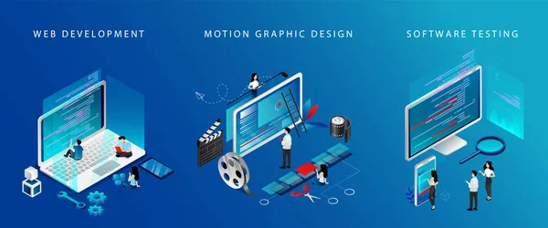 Isometrisk 3D-webbutveckling, videoredigering och testning av programvara. Tiny Characters arbetar på bärbara datorer Test Software, Redigera video och utveckla ny webbteknik. 3D tecknad vektor illustrationer Set — Stock vektor