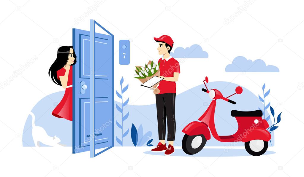 Concept Of Flowers Delivery Service. Smiling Man Courier In Uniform Delivered And Hand Over The Bouquet Of Beautiful Flowers And To Surprised Woman. Cartoon Linear Outline Flat Vector Illustration