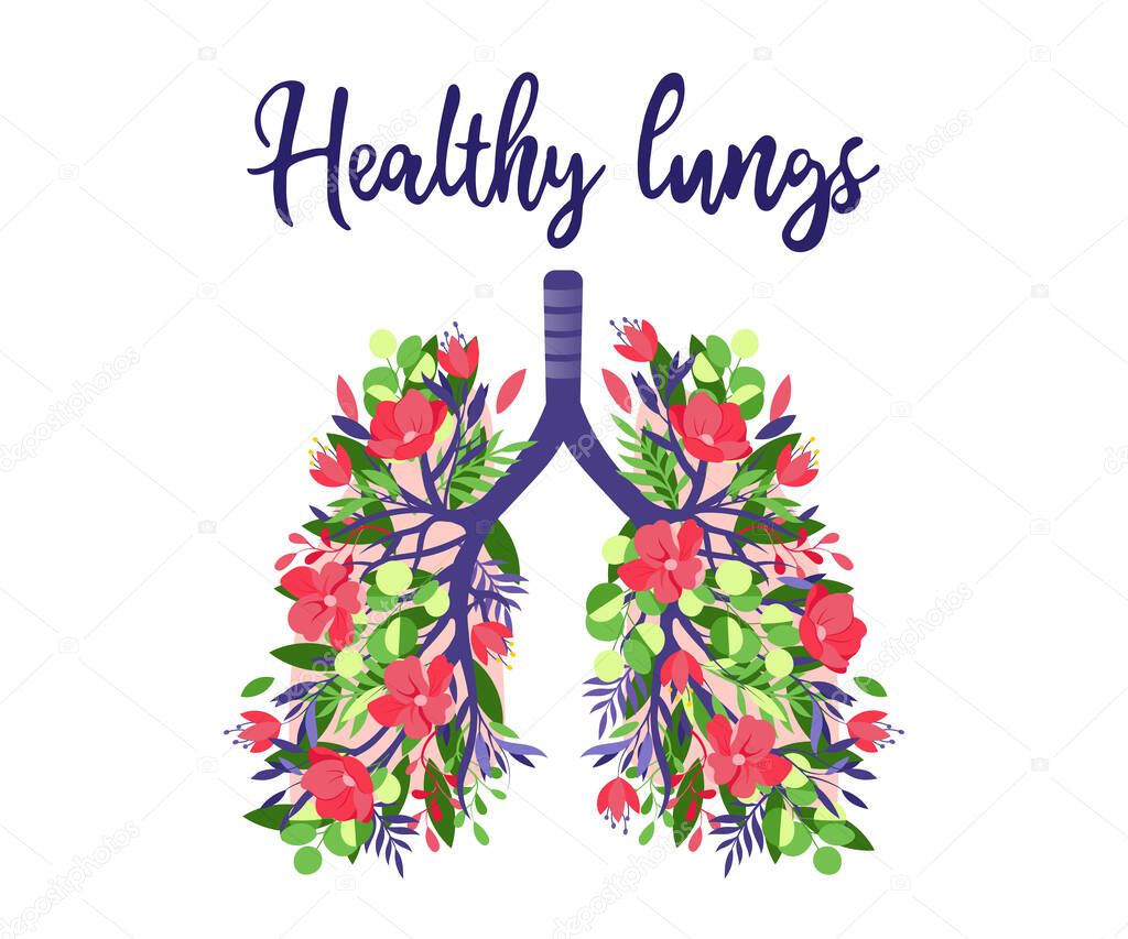 Healthy Lungs Concept. Human lungs. Respiratory System, Disease Prevention, Advertisement of Pulmonary Medicine. Internal Organ Metaphor With Flowers Ornament Shape. Cartoon Flat Vector Illustration