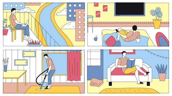 Konzept der Freizeit des Menschen zu Hause. Männlicher Charakter ist, Zeit zu Hause zu verbringen, fernab am Laptop zu arbeiten, fernzusehen, Reinigungsraum, Buch zu lesen. Cartoon Linear Outline Flacher Stil. Vektorillustration — Stockvektor