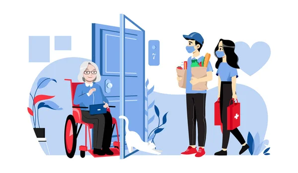 Concept of Elderly People Help. Une femme âgée en fauteuil roulant rencontre des bénévoles. Les jeunes ont livré de la nourriture et des médicaments aux femmes âgées à la maison. Illustration vectorielle plate de contour linéaire de bande dessinée — Image vectorielle