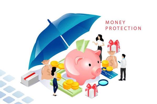 Концепция изометрической защиты денег. Moneybox Piggy Bank With Gold Coins And Dollar Banknotes, Business People, Investor, Credit Card, Umbrella Like Shield. Линейный вектор мультипликации — стоковый вектор