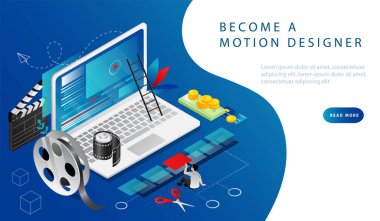 Isometric 3D video düzenleme, video prodüksiyon, kurs konsepti. Adam bir video çeker, sonra bilgisayar programı ya da uygulaması ile bilgisayarda düzenler ve işi paraya çevirir. Çizgi film Vektör İllüstrasyonu