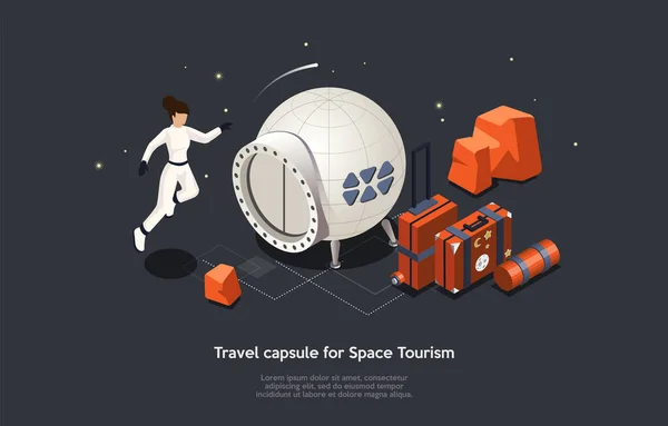 Isometric 3D Space Tourism Concept. Woman In Astronaut Costume Fly In Weightlessness Near Space Capsule Or Ship. Girl With Luggage Ready To Travel Into Space On Vacations. Cartoon Vector Illustration
