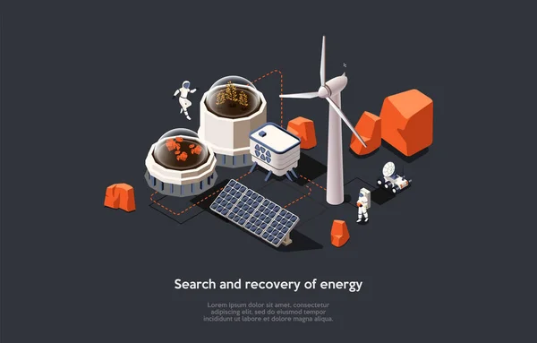 Isometric 3D Mars Colonization Mission Concept. Astronauti, kteří hledají výrobu energie a zajištění života ve vesmíru pomocí moderního vybavení. Přizpůsobení lidí na Marsu. Cartoon Vector Illustration — Stockový vektor