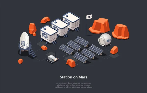 Isométrico 3D Mars Colonization Mission And Stations On Mars Concept. Estaciones futuristas ubicadas en la superficie de Marte con misiles, cápsulas, Rover lunar y fuentes de energía alternativas. Ilustración vectorial — Vector de stock